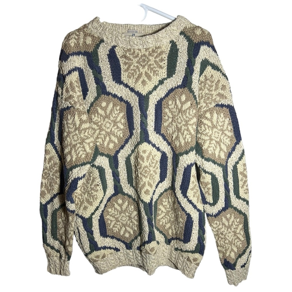 River Trader Hand-Knit Vintage Snowflake Sweater • XL • Cozy Winter Cable